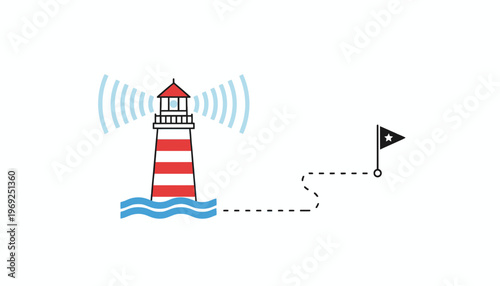 Lighthouse guiding ship with signal, navigation concept, success, goal achievement