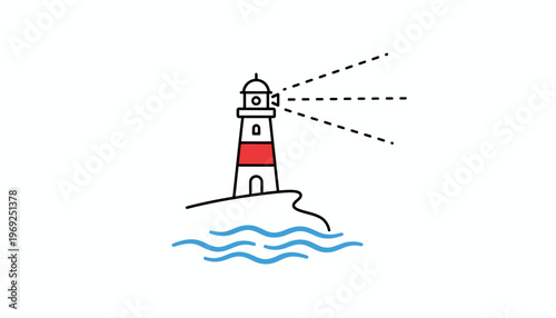Lighthouse guiding ships with light beam over waves, minimalist illustration