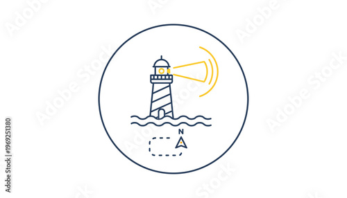 Lighthouse guiding ships with light beam, compass and waves, navigation concept icon