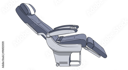 Side view of a comfortable first class airplane seat with a footrest and headrest in a reclining position.
