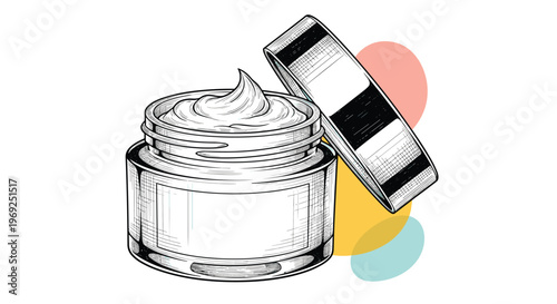 Detailed drawing of an open jar of cosmetic cream or lotion with the lid leaning against it and colored shapes.