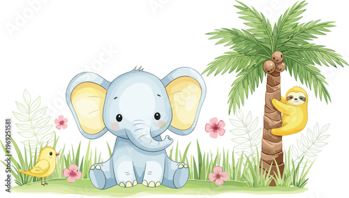 Cute Baby Elephant Vector Illustration Featuring a Little Sloth on a Palm Tree with Yellow Bird and Pink Tropical Flowers for Nursery Art