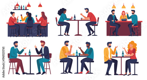 Set of scenes showing different groups of people sitting at tables and bars drinking and talking in a restaurant.