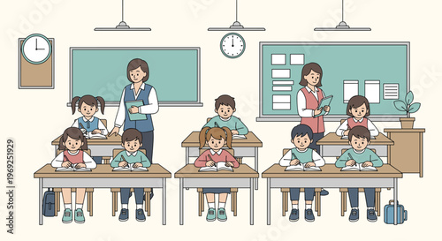 Elementary school students sitting at their desks in a classroom and studying while their teachers assist them during a lesson.