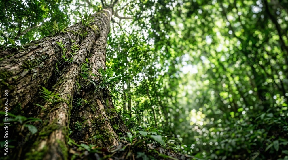 Fototapeta premium Tall tree trunk covered in moss and ferns, upward forest perspective with sunlight and natural copy space for text, World Environment Day concept