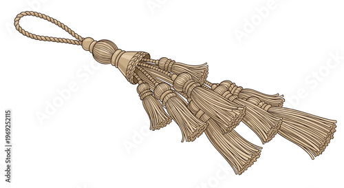 Decorative beige tassel with a braided loop and multiple hanging fringes used for elegant home decor or fashion accessories.