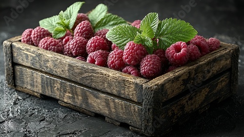 Fresh raspberries in rustic wooden crate.