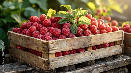 Freshly picked raspberries in a wooden crate.