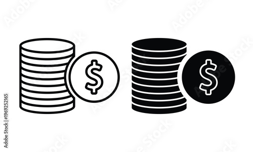 Line and Solid Dollar Symbol Stacked Coins Money Growth Vector Icons