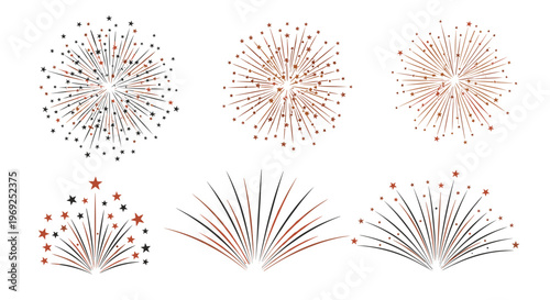 Decorative set of various firework explosions and starburst patterns in black and reddish brown colors on a white background.