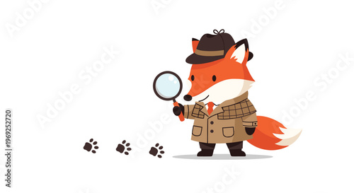 Clever cartoon fox dressed as a detective in a trench coat and hat using a magnifying glass to follow footprints.