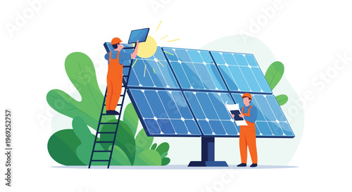 Group of professional engineers installing and maintaining a large solar panel array for clean renewable energy.