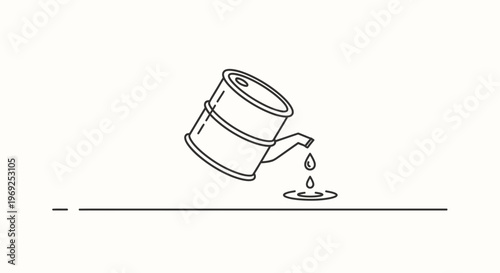 Minimalist line art illustration of an industrial barrel dripping valuable liquid resource onto a