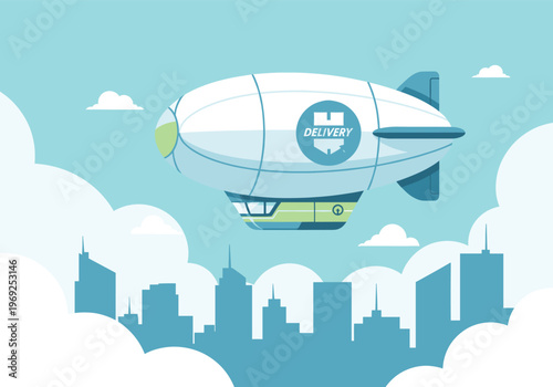 Flat design airship with delivery service logo flying over an urban city skyline