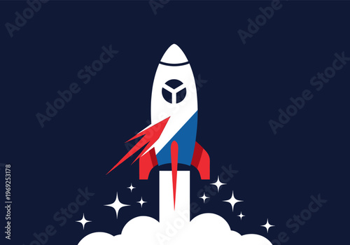 Flat design rocket launching with smoke and stars on a dark blue background