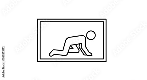 Minimalist black and white icon depicting a human figure in a crawling position within a simple