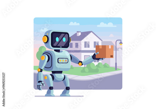Friendly robot delivering a cardboard package in front of a suburban house