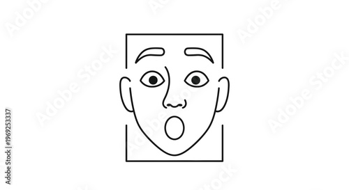 Minimalist black line art illustration of a person's astonished face with wide eyes and an open