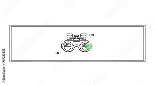Sleek line icon displaying futuristic goggles with an active 'ON' status and green illumination