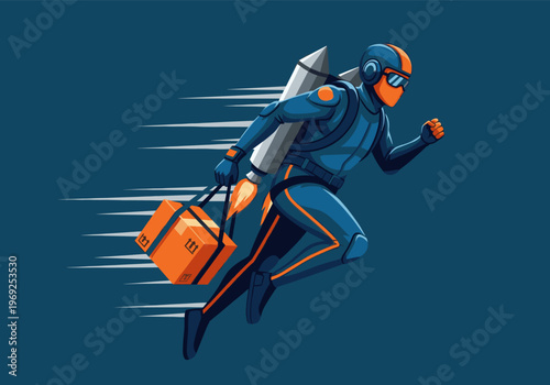 Futuristic delivery person with a jetpack quickly carrying a package on a blue background