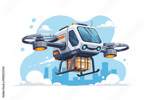 Futuristic delivery drone carrying packages flying over a city skyline with clouds