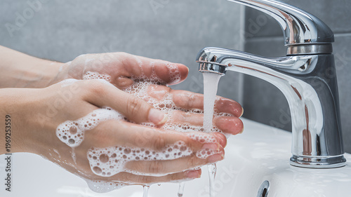 Washing hands with soap and water under a silver faucet sink