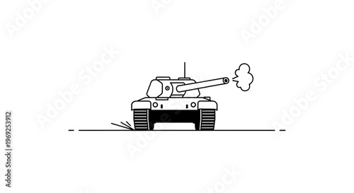 Minimalist outline illustration of a military tank discharging its cannon with smoke cloud graphic
