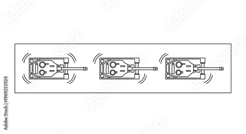 Overhead view of military tanks in a row advancing with dynamic movement graphic illustration