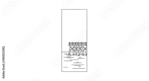 Minimalist line art drawing of a wooden pier extending over calm water, depicting a serene coastal
