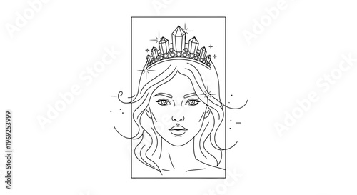 Elegant female portrait line art with crystalline crown and flowing hair design minimal mystical
