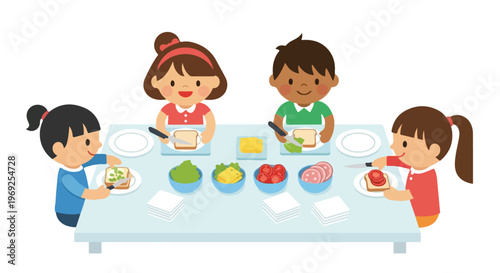 Four diverse children sit together around a table, happily preparing sandwiches with fresh ingredients like lettuce, cheese, and tomatoes.
