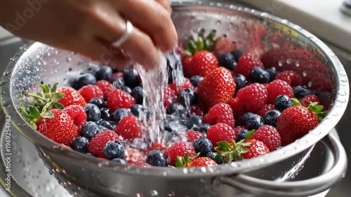 Close up of a hand washing fresh mixed berries like strawberries, blueberries, and raspberries in a colander under running water for healthy eating concept and food preparation