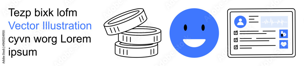Fototapeta premium Finance, identity, cryptocurrency, online profiles, user interfaces, organization. Coin stack, a happy face icon and a user profile card illustration. Finance and identity