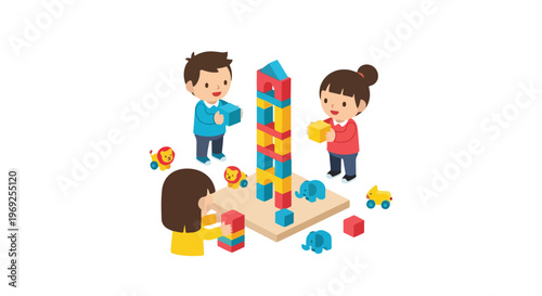 Three young children are happily playing together, building tall towers with colorful blocks and arranging various toy animals around them.