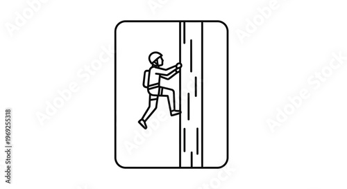 Rock climber icon, silhouette of person ascending a vertical wall with climbing gear