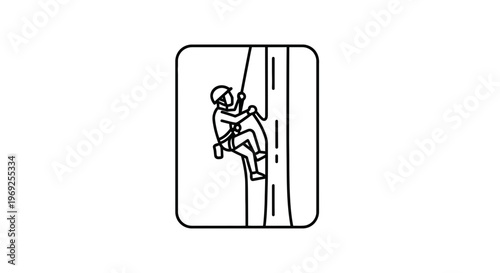 Rock Climber Ascending Vertical Cliff Face with Rope and Harness, Outdoor Adventure