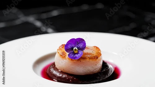 Professional chef precisely plating a seared scallop with a delicate edible flower using tweezers for an elegant gourmet food presentation concept