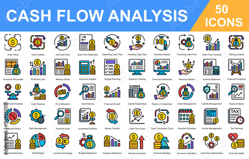 Cash Flow Analysis Editable Icons set. Vector illustration in modern thin color style of business related icons