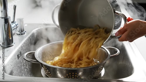 Person draining hot steaming tagliatelle pasta from a pot into a colander in a kitchen sink for home cooking concept and daily meal preparation