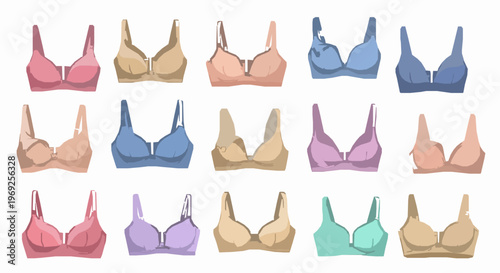 Nursing bra icons row with different maternity lingerie styles and colors vector illustration isolated on white