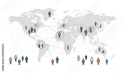 World population network map with connected people icons global communication and demographic data vector