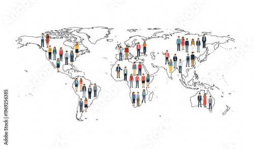 Global population people on world map vector illustration with diverse characters and demographic distribution concept