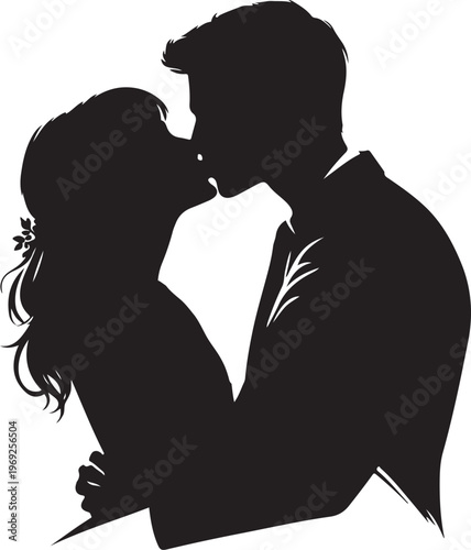 A tender silhouette of a couple sharing a romantic moment in close embrace Vector, illustration