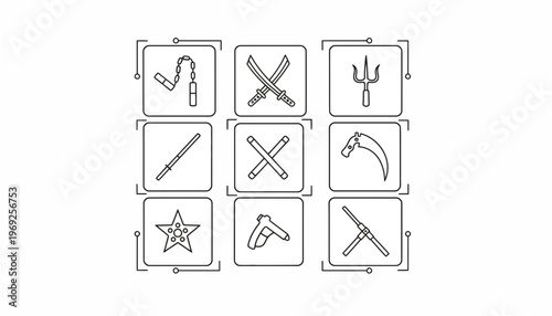 Ninja Weapons Icons Set: Katana, Nunchaku, Sai, Shuriken, Kunai, Kama