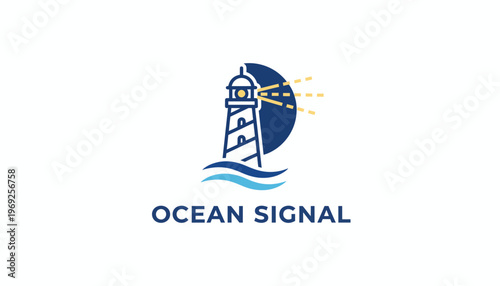 Ocean Signal Lighthouse Logo with Waves and Light Beams