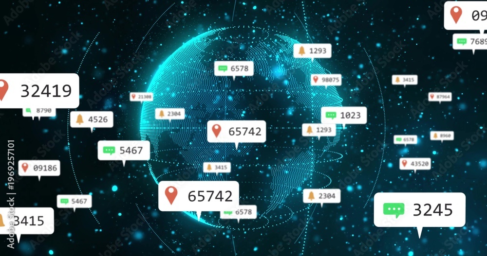 Fototapeta premium Receiving badges with counters, stylized Earth pulsing in virtual network, showing alerts