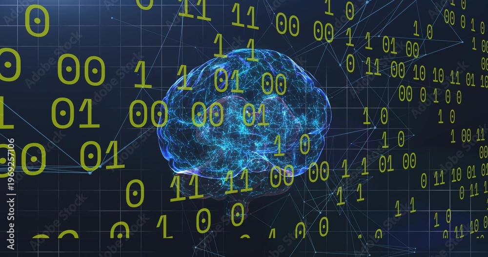 Obraz premium Glowing 3D brain emitting filaments in dark grid visualization, with floating binary digits