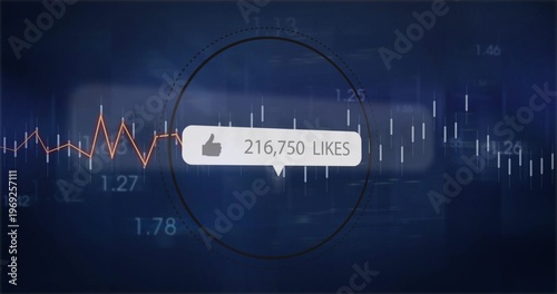 Showing white speech bubble thumbs-up 216,750 LIKES centered on dashboard with orange graph candles