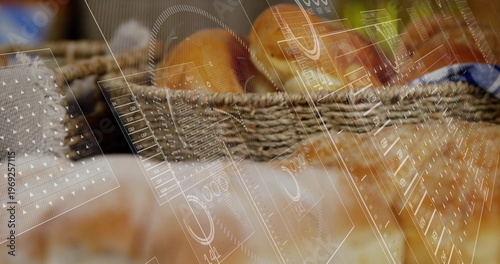 Showing wicker basket holding golden rolls with cloth-liner on bakery shelf, HUD overlays