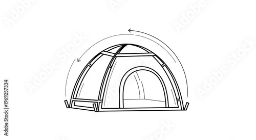 Minimalist line art illustration of a dome tent with assembly arrows for outdoor adventure gear